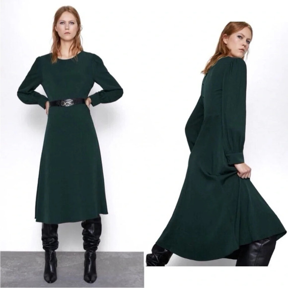 Zara Bottle Green Wrinkled Look Feminine Fit Bloggers Favorite Dress size S - Picture 1 of 16